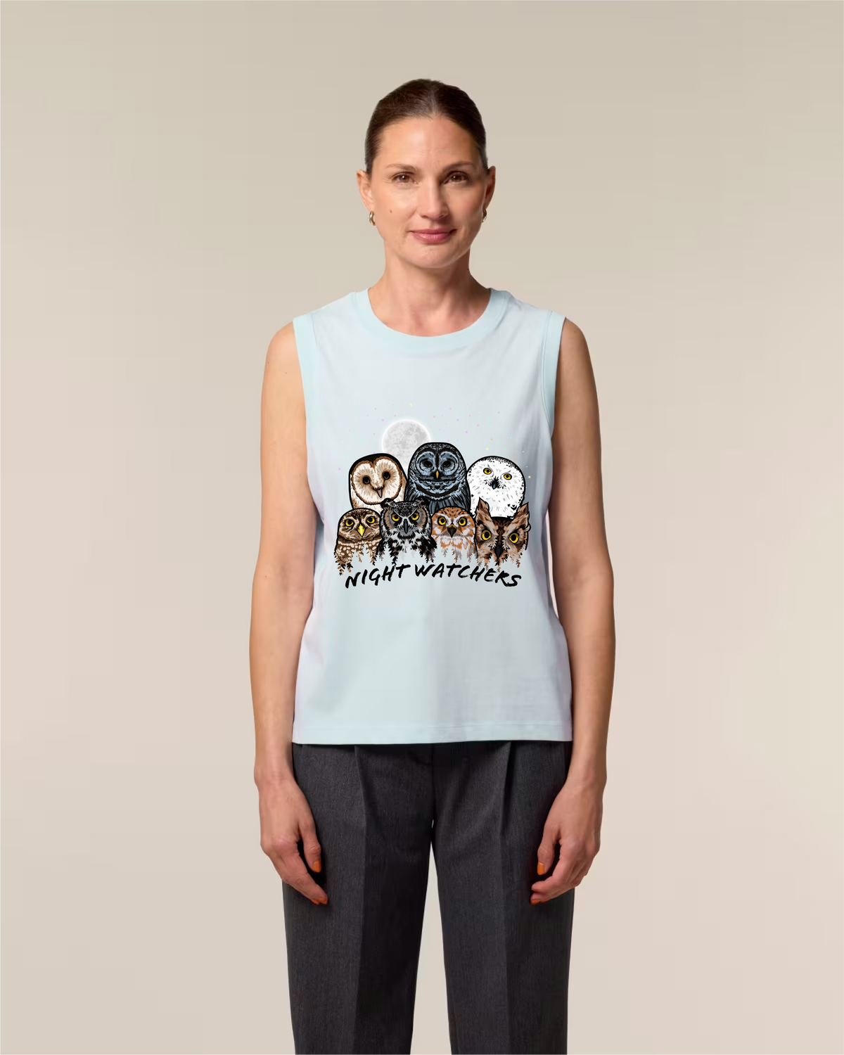 Owls of North America tank top in Pebble Blue, worn