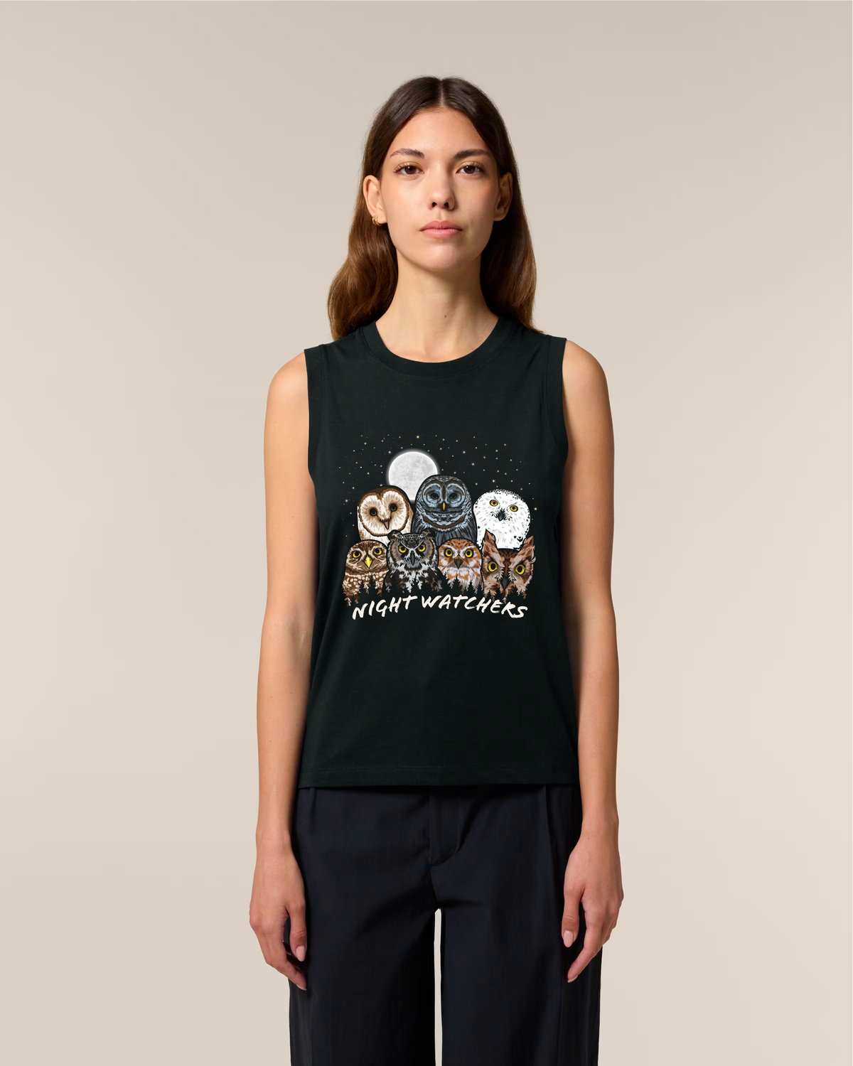 Owls of North America tank top in Black, worn