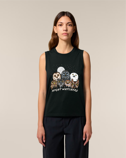 Owls of North America tank top in Black, worn