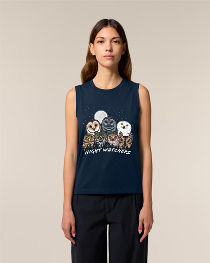 Owls of North America tank top in French Navy, worn