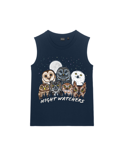 Owls of North America tank top in French Navy — Night Watchers design